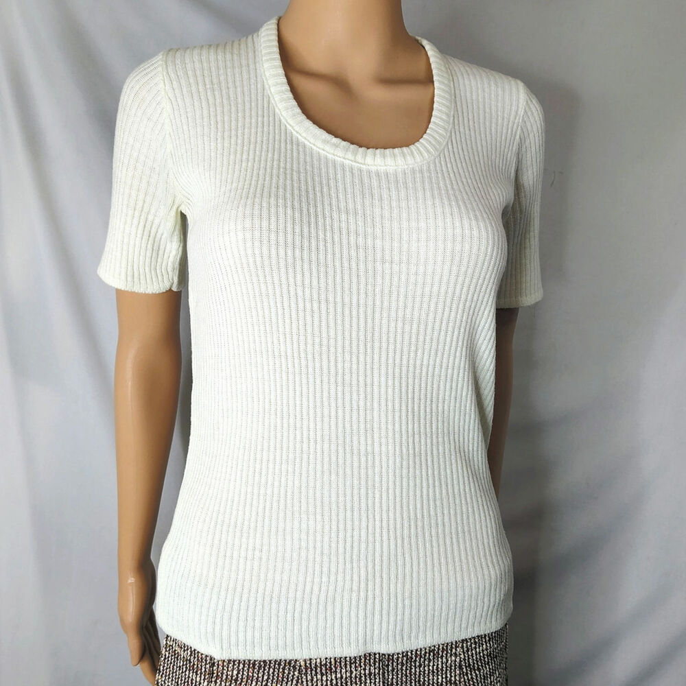 60s Mod Poor Boy Rib-knit Retro Fitted Cream Body Hugging Low Neck Top Size XS